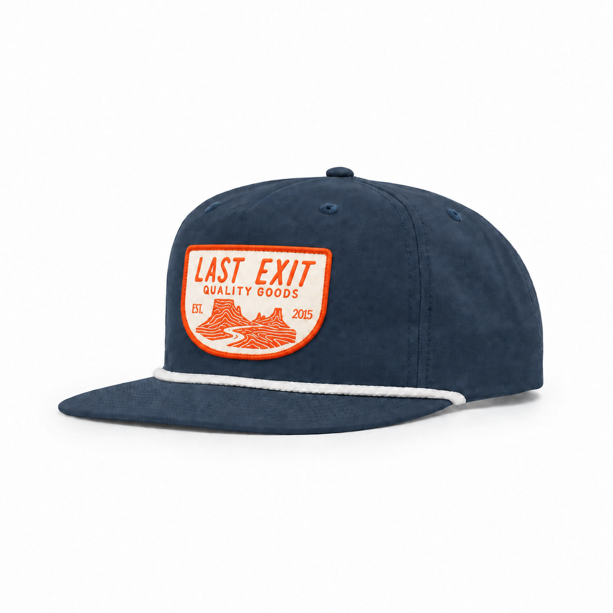 Navy Downriver Rope Hat with white braided rope bill and Last Exit canyon patch, front view